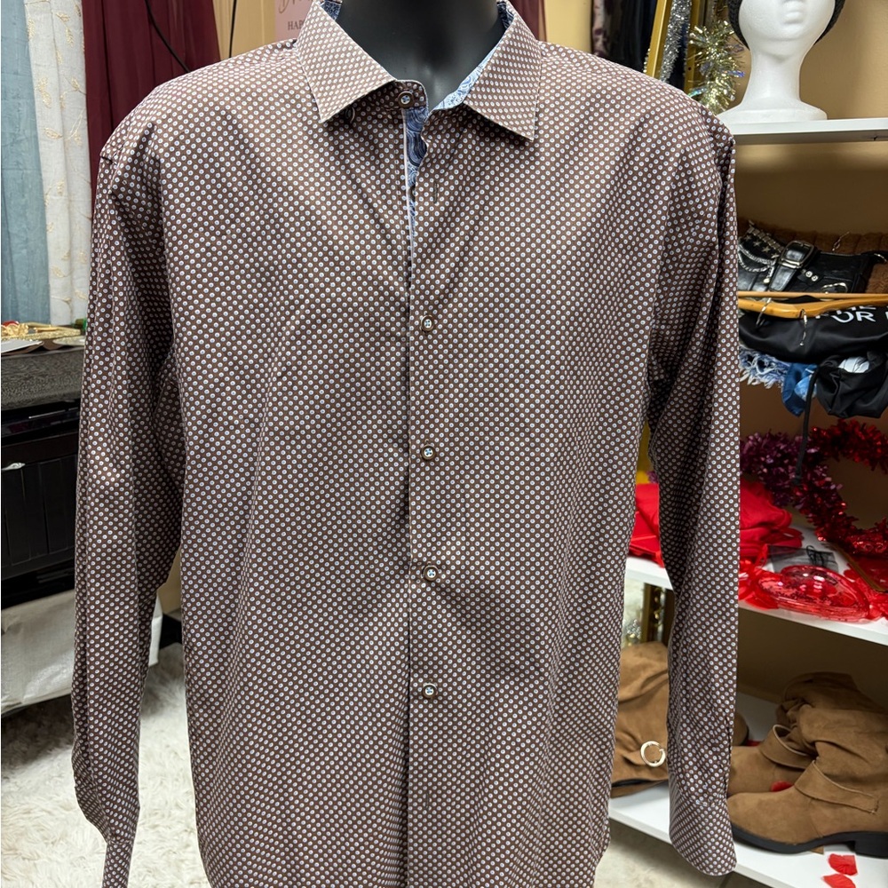 Men's Brown Micro-Print Long-Sleeve Button-Down Shirt